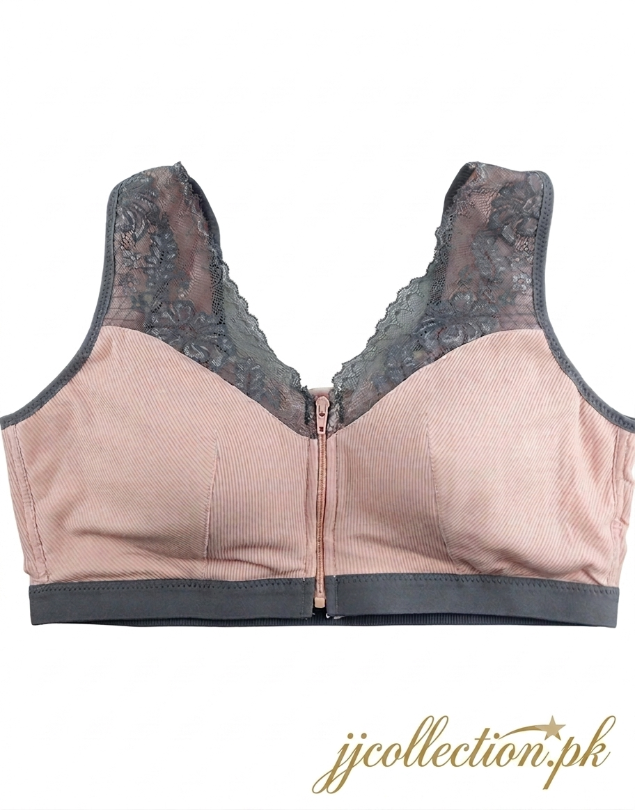 Ribbed Post-Surgical Recovery Bra with Front Zipper & Prosthesis Pockets